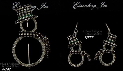 Eisenberg Ice Rhinestone Snowman Pin and Earrings
