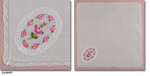 Vintage Wedding Hanky with Pink Roses Cameo