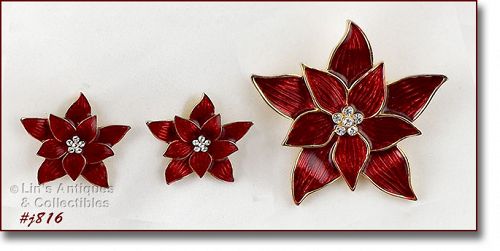 EISENBERG ICE RED POINSETTIA PIN AND MATCHING PIERCED EARRINGS