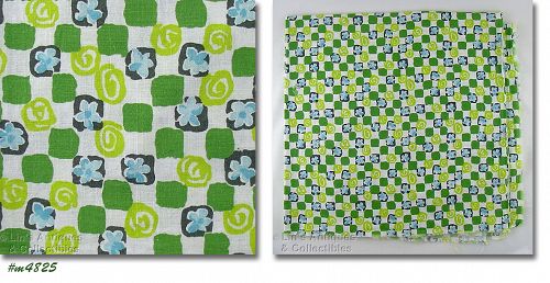 Vintage Feed Sack Green Squares Circles Blue Flowers