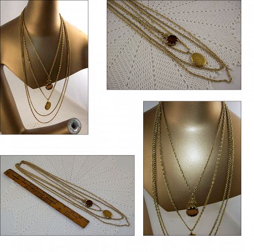 VINTAGE GOLDETTE 4 GOLD TONE CHAINS WITH LOCKET AND INTAGLIO CAMEO