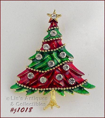 Signed Eisenberg Ice Christmas Tree Pin Red and Green Enameling