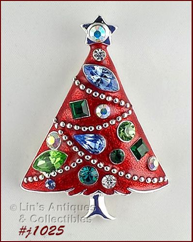 Eisenberg Ice Signed Christmas Tree Pin Red with Rhinestones