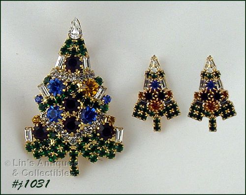 Signed Eisenberg Ice Candle Tree Pin and Earrings Pierced