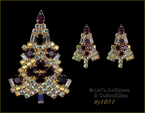 Eisenberg Ice Signed Candle Tree Pin and Earrings Purple Rhinestones