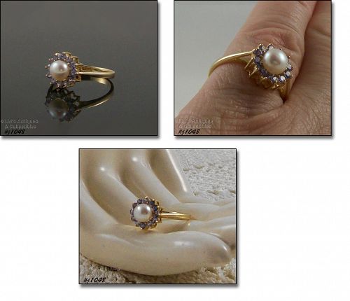 10K YELLOW GOLD PEARL WITH TANZANITES HALO STYLE RING SIZE 7