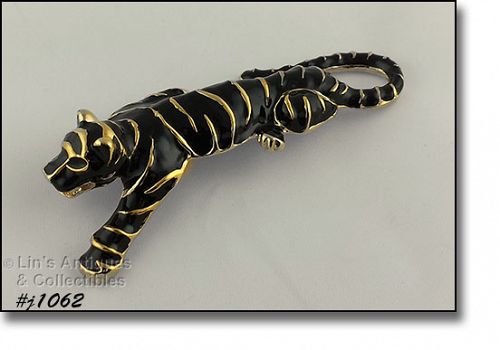 Eisenberg Ice Signed Tiger Pin Black Enamel Gold Tone