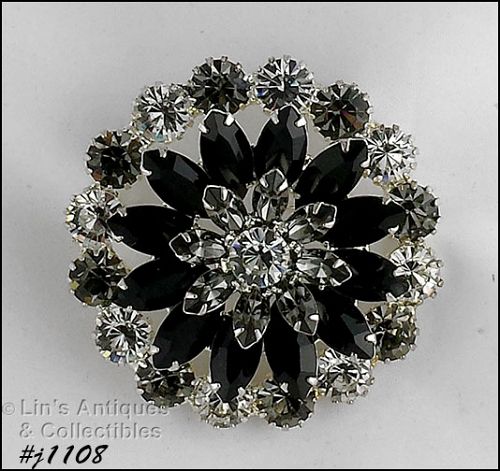 Signed Eisenberg Ice Round Pin Black Gray and Clear Rhinestones