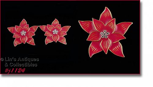 Signed Eisenberg Ice Rare Color Poinsettia Pin and Earrings
