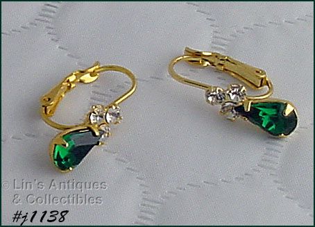 Eisenberg Ice Earrings Emerald Green Clear Rhinestones Gold Tone