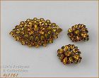 Vintage Pin and Earrings Topaz Color Rhinestones