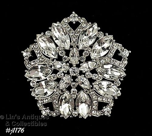 Signed Eisenberg Ice Clear Rhinestones Pin 5 Sided Pentagon Shape