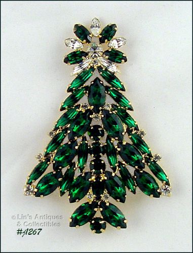 Signed Eisenberg Ice Christmas Tree Pin Emerald and Clear Rhinestones