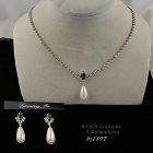 Eisenberg Ice Necklace and Earrings Green Rhinestone Faux Pearl