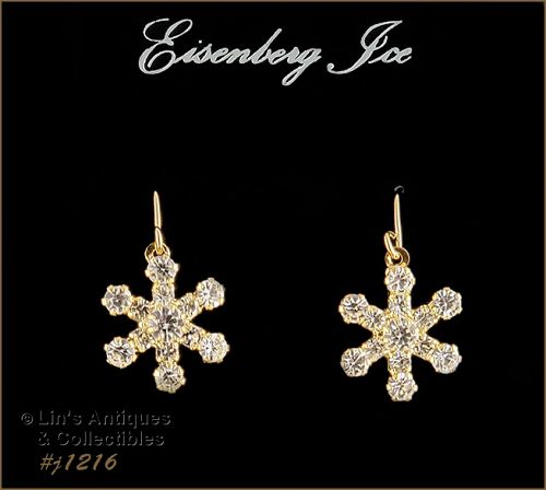 Eisenberg Ice Rhinestone Snow Flake Earrings Gold Tone Pierced Dangle