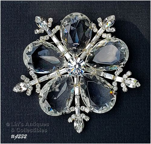 Signed Eisenberg Ice Large Snowflake Pin Clear Rhinestones Silver Tone