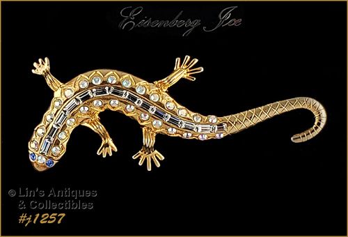 Signed Eisenberg Ice Lizard Pin Gold Tone and Rhinestones