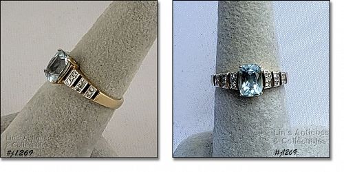 10k Yellow Gold Ring Blue Topaz and Diamond Size 7 1/4