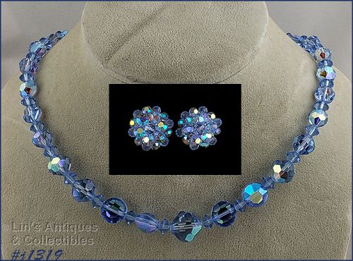 Blue and Blue Aurora Borealis Bead Necklace and Earrings