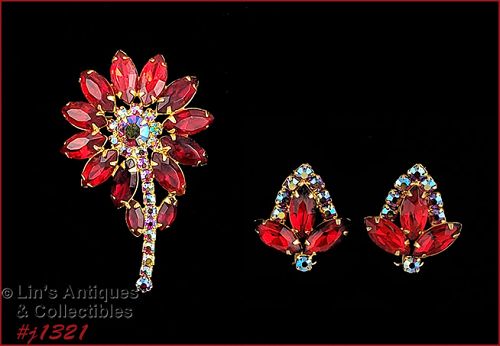 Vintage Red and Red Aurora Borealis Rhinestone Pin and Earrings