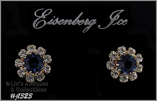 Eisenberg Ice Blue Rhinestone Earrings Halo Style