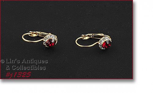 Eisenberg Red and Clear Rhinestone Halo Style Earrings