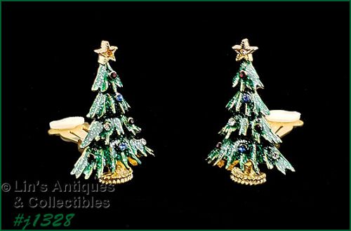 Signed Eisenberg Ice Green Enamel Christmas Tree Clip Earrings
