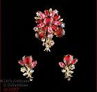 Vintage Floral Bouquet Pin and Earrings Red and Pink Rhinestones