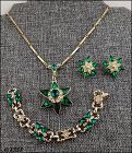 Vintage Green Rhinestones Pendant Bracelet and Earrings