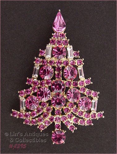 Signed Eisenberg Ice Pink Rhinestone Candle Tree Christmas Pin