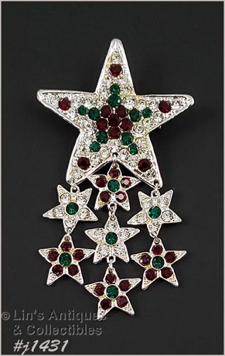 Signed Eisenberg Ice Christmas Rhinestone Dangling Stars Pin