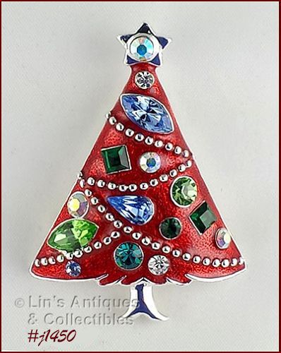 Eisenberg Ice UnSigned Christmas Tree Pin Red with Rhinestones