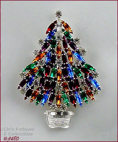 Eisenberg Ice Signed Christmas Tree Pin Multi Color Rhinestones