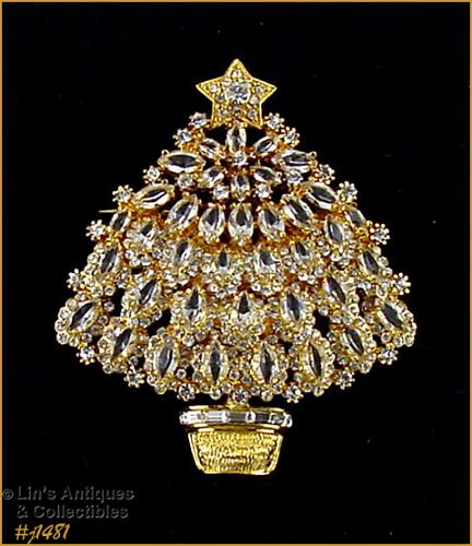 Eisenberg Ice Clear Rhinestones Gold Tone Christmas Tree Pin