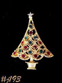 EISENBERG ICE CHRISTMAS TREE PIN with GREEN AND RED RHINESTONES