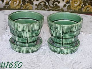 McCoy Pottery Two Green Basketweave Flowerpots