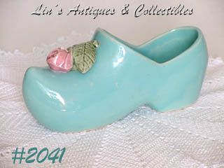 McCoy Pottery Dutch Shoe Planter Blue with Pink Rose