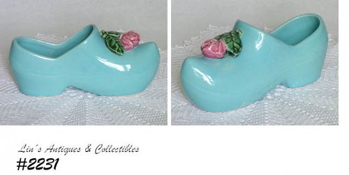 McCoy Pottery Dutch Shoe Planter Blue with Rose