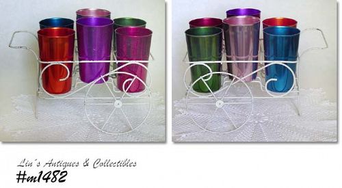 SET OF 6 VINTAGE BASCAL TUMBLERS IN WIRE CART RACK