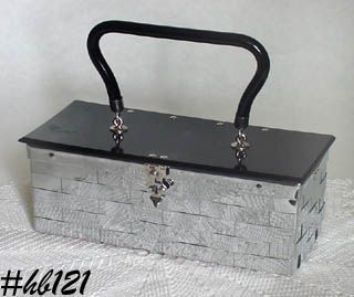 Vintage Silver Color Woven Metal Handbag Black Lid and Handle