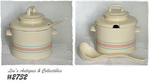 McCOY POTTERY -- STONECRAFT PINK AND BLUE COVERED TUREEN WITH LADLE