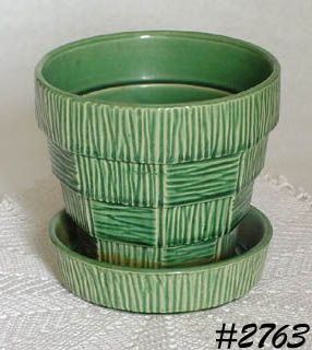 McCOY POTTERY GREEN BASKET WEAVE 5 INCH TALL FLOWERPOT