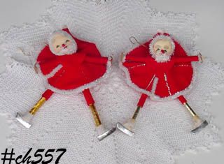 Vintage Pair of Skating Santa Ornaments