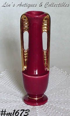 Shawnee Pottery Bud Vase Burgundy Gold Trim