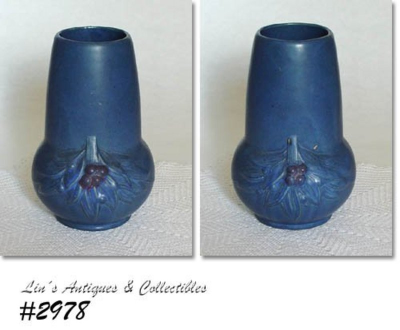 McCoy Pottery Leaves and Berries Blue Stoneware Vase