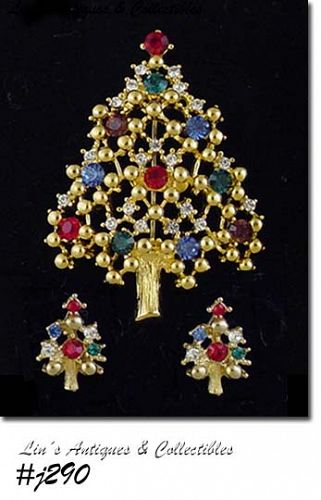 Eisenberg Ice Christmas Tree and Earrings Multi Color Rhinestones