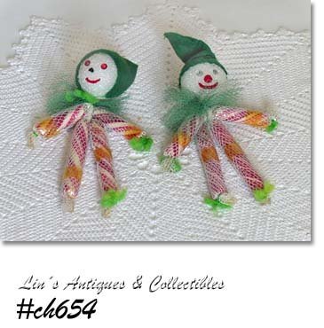 SET OF 2 VINTAGE PEPPERMINT STICK ELVES ORNAMENTS