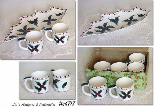 LEFTON CHINA VINTAGE CHRISTMAS HOLLY TRAY AND 6 CUPS IN ORIGINAL BOX