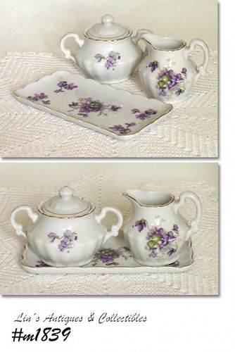 VINTAGE WILD VIOLETS CREAMER AND SUGAR WITH MATCHING TRAY