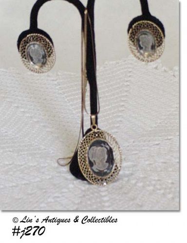 Vintage Whiting Davis Cameo Pendant and Earrings